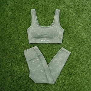 Conjunto de Yoga Verde Oliva para Mujer, Top Deportivo con Cuello Cuadrado y Lavado Ácido, Leggings Largos de Cintura Alta, Ropa Deportiva para Gimnasio y Fitness - Product Image 5