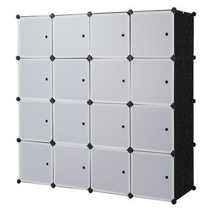 Organiseur 16 cubes, rangement en plastique empilable à 4 niveaux avec 3 tringles à vêtements en fil d'acier, montage facile, blanc - Armoire portable - Product Image 1