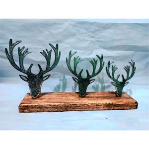 Sculpture d'art animalier moderne en gros, avec bois de cerf émaillé vert et support en bois naturel, pour décoration intérieure de luxe, hall d'hôtel, artisanat - Product Image 1
