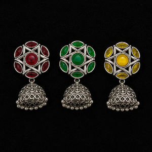 Direct Factory Oxidized Silver Stone Flower Bohemian Jhumka Dangle Earrings Green Monalisa Women's Gift Bulk Wholesale Supplier - Product Image 1