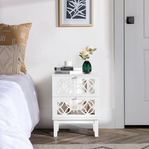 Comodino Bianco a Due Pezzi 45*30*60cm in MDF Verniciato a Spruzzo con Specchio Fumé e Due Cassetti Intagliati - Product Image 5