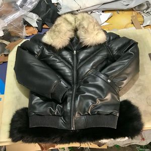 Custom Design Mens Real Leather V-Bomber Jacket Thick Warm Winter Puffer Coat Faux <b>Fox</b> <b>Fur</b> Collar Outerwear Jacket - Product Image 5