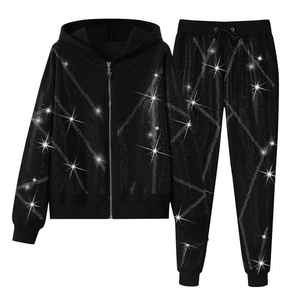 High Quality Hooded Street Wear Loose Fit Acid Wash Winter Customized Colours & Logo 100% Cotton Rhinestone Tracksuit - Product Image 1