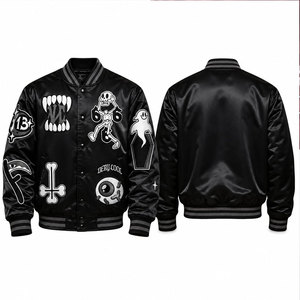 Chaqueta Bomber Negra para Hombre con Diseños de Parches, Cuello Camisero, Estilo Urbano, Material de Poliéster, Corte Regular, para Otoño - Product Image 1