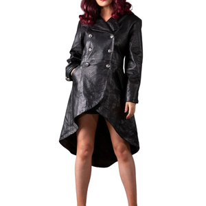 Manteau trench noir en similicuir asymétrique à double boutonnage, manches longues, longueur midi, col à revers, coupe-vent - Product Image 2