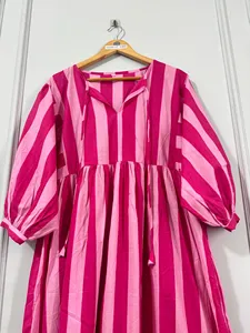 Striped Maxi <b>Dress</b> Women V-Neck Puff Sleeve <b>Loose</b> Fit Cotton Summer Casual Long <b>Dress</b> With Pockets Flared Hem - Product Image 4