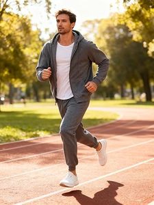 Men's Gray Hooded Tracksuit Full Sleeve Solid Color Casual <b>Zipper</b> Front 100% Cotton Breathable Regular Fit Autumn Wear - Product Image 4