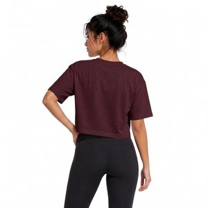 Women's <b>Maroon</b> Crop <b>Top</b> Crew Neck Short Sleeve Loose Fit Solid Color Jersey Casual Spring Summer Wear - Product Image 2
