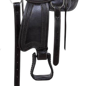 อานม้าหนังสีดำแบบตะวันตก ตกแต่งด้วยลายสลักมือ พร้อมที่วางเท้า สำหรับขี่ม้าแบบเทรล - Product Image 4