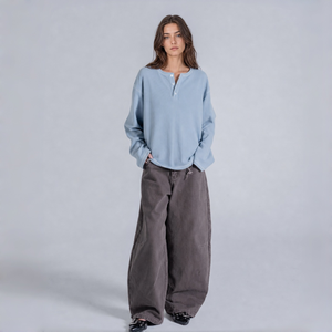 <b>Women's</b> Oversized Waffle <b>Henley</b> <b>Top</b> Long Sleeve Loose Fit 3 Button Casual Streetwear T-Shirt with Custom Service - Product Image 2