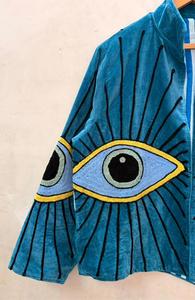 Luxury Teal Blue <b>Velvet</b> Embroidered Suzani <b>Jacket</b> with Evil Eye Pattern Full Sleeve Stand Collar Handmade Boho Autumn Outerwear - Product Image 5