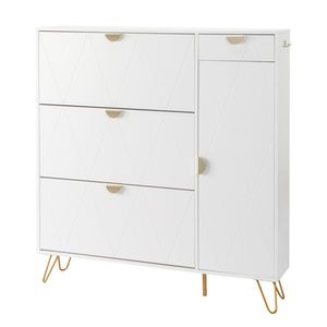 Scarpiera in truciolato bianco con pannello porta intagliato a V, 3 cassetti a sinistra, 1 cassetto a destra, 1 anta, 120x24x125 cm - Product Image 5