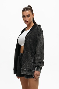 Automne femme survêtement ensemble 100% coton personnalisation à capuche surdimensionné lavage à l'acide sweat court deux pièces ensemble - Product Image 6