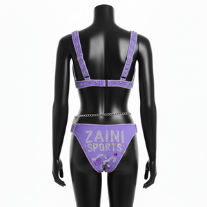 Premium Poly Spandex Women <b>Bikini</b> Set Soft Stretch Purple Panel Design <b>Rhinestone</b> Heat Transfer Logo women for <b>Bikini</b> Set - Product Image 2