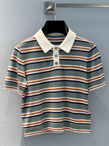 2026 Summer Women's Colorblock <b>Striped</b> Short Sleeve Polo Shirt <b>Cropped</b> Casual <b>Top</b> Button Down Collar Streetwear - Product Image 1