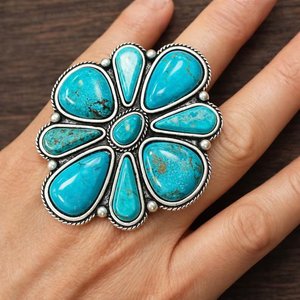Bague Statement Faite à la Main en Turquoise, Style Fleur de Squash du Sud-Ouest, Bijou pour Femme, Idée Cadeau - Product Image 5