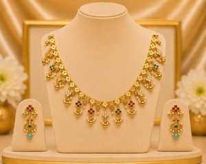 Conjunto Clásico de Collar y Aretes de Oro de 24K con Incrustaciones de Perlas y Piedras Preciosas para Mujer, Joyería de Boda - Product Image 2