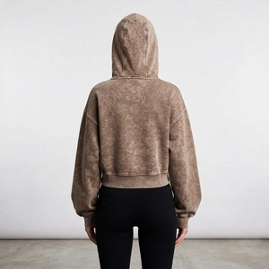 Sweat-shirt à capuche en molleton pour femme, marron délavé, coupe courte, avec fermeture éclair, logo personnalisé, streetwear - Product Image 2