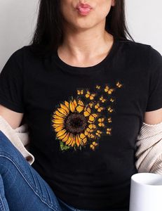 T-shirt en coton pour femme, coupe ajustée rétro, manches courtes, imprimé tournesol, tricot respirant, décontracté, été - Product Image 3