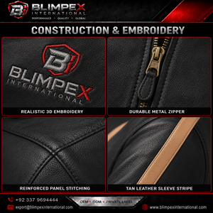 เสื้อแจ็คเก็ตมอเตอร์ไซค์หนังแท้สั่งทำพิเศษสำหรับผู้ชายจาก BlimpeX International พร้อมแถบสีแทน คอตั้ง ปิดด้วยซิป สไตล์นักขี่มอเตอร์ไซค์ - Product Image 2