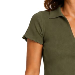 เสื้อโปโลครอปผู้หญิง แบรนด์ Olive ผ้าถักลายริบ แขนสั้น ทรงเข้ารูป คอวี ชายเสื้อแบบ Lettuce Hem ผ้าเนื้อยืด สไตล์ลำลอง แฟชั่นฤดูร้อน - Product Image 3