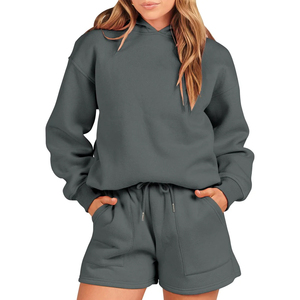 Sudadera con capucha gris oscuro para mujer con pantalones cortos con cordón, corte holgado informal, manga larga, color liso, ropa de primavera - Product Image 4