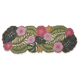 Chemin de table en tissu à motif de feuilles de palmier et de fleurs d'hibiscus tropicales, orné de perles en verre, pour dîner d'été, fête ou banquet à la maison - Product Image 1