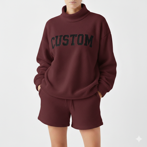 Ensemble deux pièces pour femme : haut confortable à col montant et manches longues, coupe longue, et short décontracté longueur bermuda en mélange de coton premium - Product Image 1