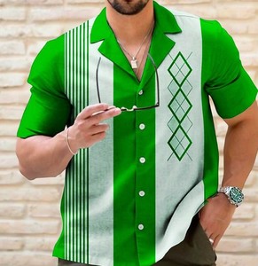 Men's Pattern Short Sleeve Casual Shirt Black White Striped Design Turn-<b>down</b> Collar Summer Breathable Poplin Fabric - Product Image 2