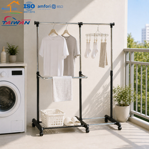 <b>Adjustable</b> Double Rail Rolling Clothes Garment Rack Heavy Duty Metal Drying Stand with Storage <b>Shelf</b> - Product Image 5