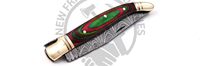 Couteau pliant en acier Damas, nouvelle édition, avec étui en cuir, couteau de chasse Laguiole, couteau de poche avec manche en bois rouge-vert et bolster en laiton