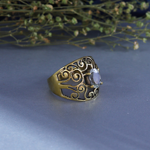 Blue Topaz Filigree <b>Dome</b> <b>Ring</b> | Bohemian Style Gold Plated Brass Wedding Statement Jewelry - Product Image 4