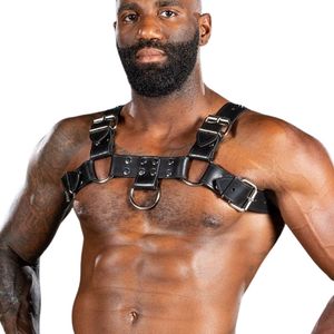 Men's <b>Black</b> Leather Chest <b>Harness</b> With Metal Rings Adjustable Fit Sexy Costume Wear - Product Image 3