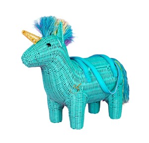 Cute Teal Unicorn Rattan Storage Basket Unique Mythical Animal Shaped Woven Gift Basket Decorative Wicker Box with Strap - Product Image 3