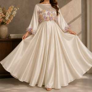 Ivory Satin Floral Applique Maxi Gown for Women Elegant Modest Evening <b>Dress</b> Premium 3D Flower Embroidered Long Sleeve Formal - Product Image 4