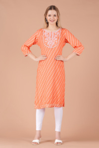 Women Orange Printed Straight <b>Kurti</b> Ethnic Casual Wear <b>Kurti</b>, Embroidery Work <b>Kurti</b> , Trendy <b>Kurti</b> , New Kurta - Product Image 6
