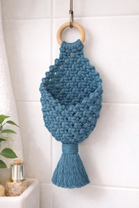 Blue Macrame <b>Basket</b> For Makeup Brush Holder Stylish Cutlery Holder <b>Basket</b> Multipurpose Organizer Handcrafted From India - Product Image 2