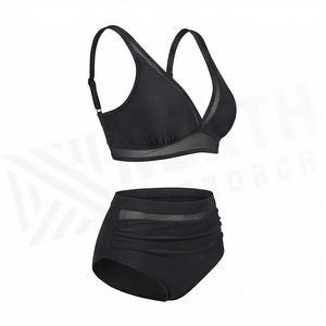 Women's Black 2 Piece <b>Bikini</b> <b>Set</b> Deep V Neck Mesh Trim High Waist Swimwear Stretch Nylon Spandex Solid Color - Product Image 3