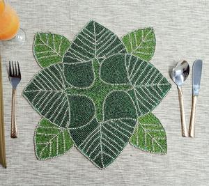 Handmade Flower Shape Fabric <b>Placemat</b> Green Beaded Leaf Design Bohemian Table Mat Decorative <b>Set</b> - Product Image 3