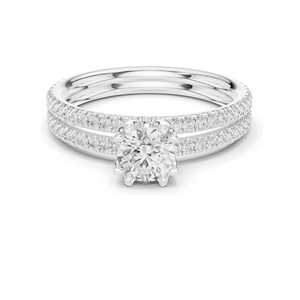 Bague solitaire Blingls en argent avec diamant rond taille brillant et bandes pavées, ensemble de mariée pour femme, vente en gros de bijoux fins - Product Image 1