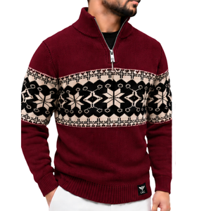 Pull pour homme bordeaux, style Fair Isle nordique, col zippé, jacquard géométrique flocon de neige, tricoté, col montant, poignets côtelés, automne - Product Image 1