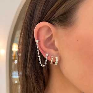 Boucles d'oreilles chaîne à double perçage en or massif 14 carats avec diamant de laboratoire taille ronde, deux trous connectés, pendantes simples, vente en gros d'usine - Product Image 6