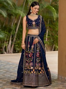 Navy Blue A-Line Floor-Length Embroidered <b>Lehenga</b> Choli with Floral Print and Organza Dupatta for Bridesmaid Wear - Product Image 6