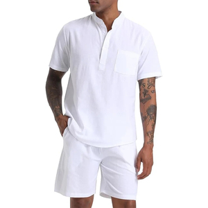 Men's Black Cotton Short Sleeve Henley Shirt & Shorts <b>Set</b> Casual Summer Breathable <b>Knitted</b> 2-Piece Outfit - Product Image 2