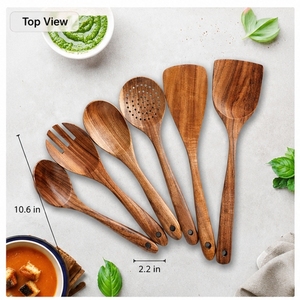 Ensemble de cuillères en bois, 6 pièces, lavage à la main uniquement, cuillères, spatules et fourchettes adaptées aux aliments - Product Image 1