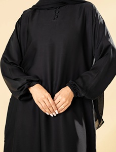 Muslim Women Simple Polyester Fiber Everyday Casual Formal Black Abaya Set Long <b>Elastic</b> Sleeve Floor-Length Straight Saudi - Product Image 5