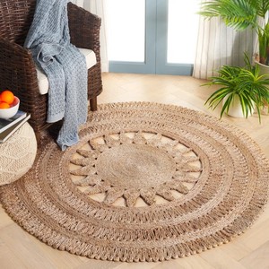 Tapis rond en jute à motif médaillon, style bohème, fait main, pour salon, nettoyage facile, poils plats - Product Image 2