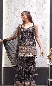 Ensemble Salwar Kameez brodé de fleurs noires pour femmes, tenue indienne pakistanaise, robe de fête, robe de réception de mariage - Product Image 3