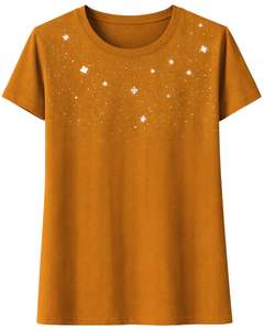 T-shirt en coton pour femme personnalisé, couleur moutarde, avec imprimé étoile en strass, manches courtes, col rond, haut décontracté pour femme, design OEM personnalisé - Product Image 1