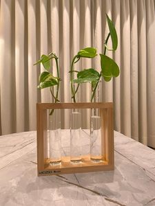 Modern Wooden Frame Glass Flower <b>Vase</b> Set with Hydroponic Feature <b>Clear</b> Cylinder Bud <b>Vase</b> Holder for Home Wedding Decor - Product Image 3